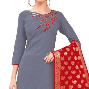 Mesmeric Gray Colored Casual Wear Embroidered Cotton Dress Material With Banarasi Silk Dupatta