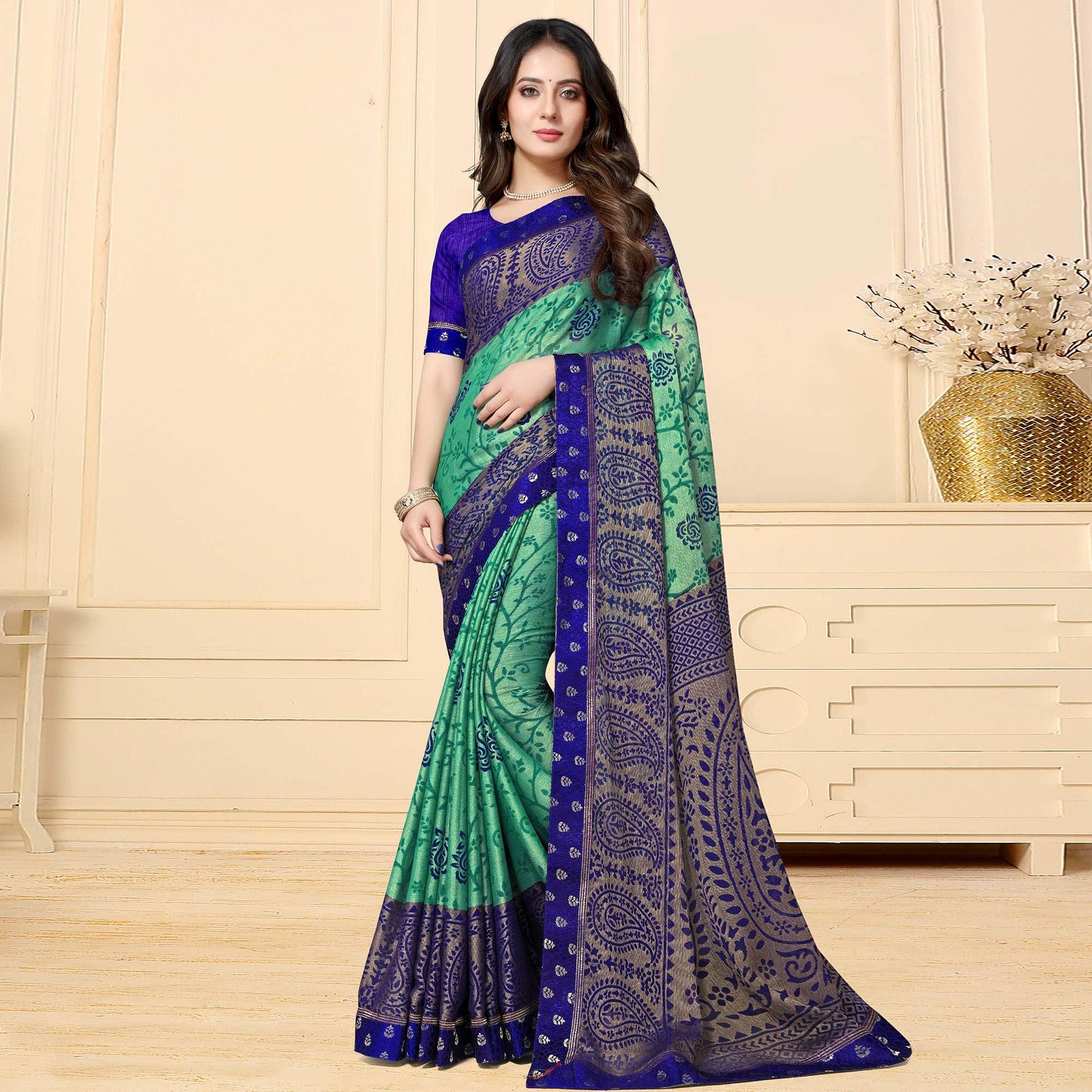 Mesmeric Green Colored Festive Wear Printed Chiffon Brasso Saree
