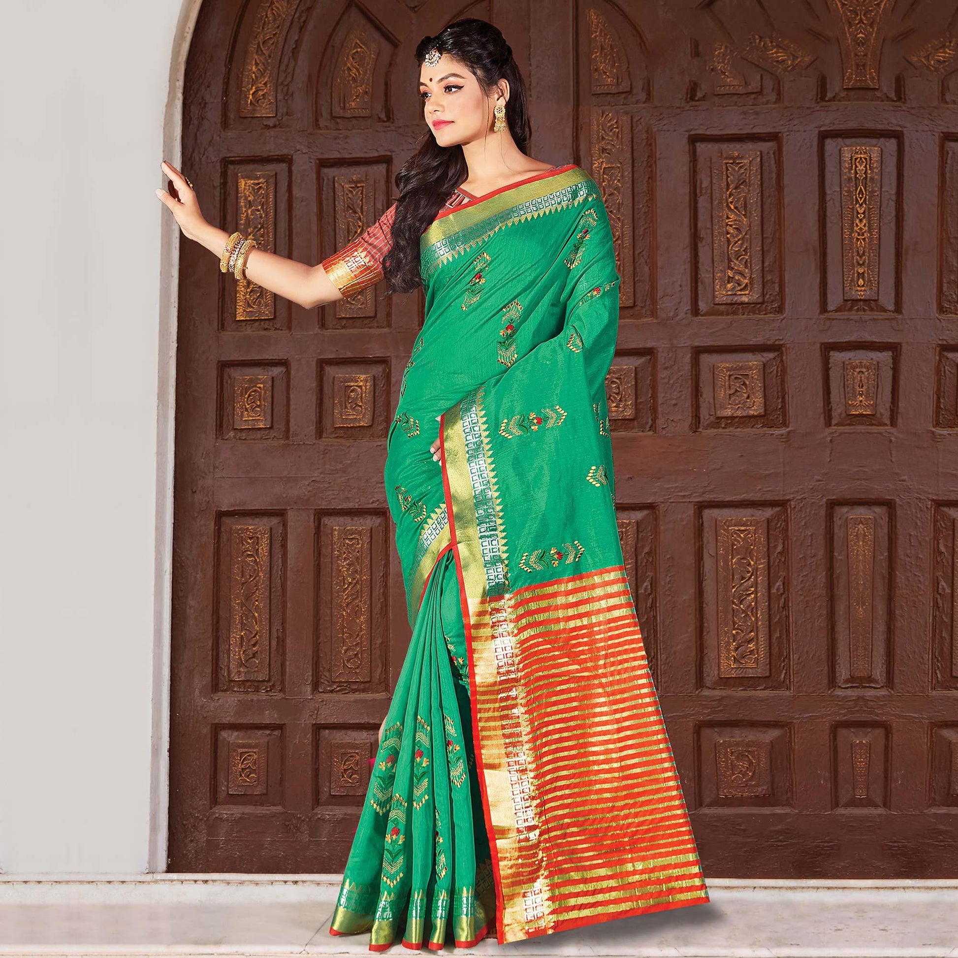 Mesmeric Green Colored Festive Wear Woven Cotton Silk Saree