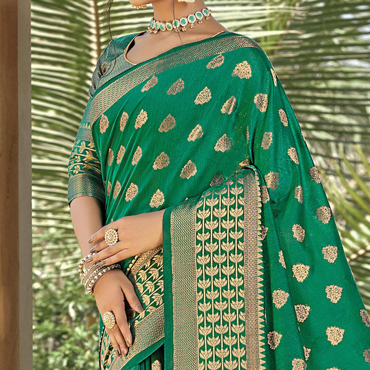Mesmeric Green Colored Festive Wear Woven Handloom Cotton Saree