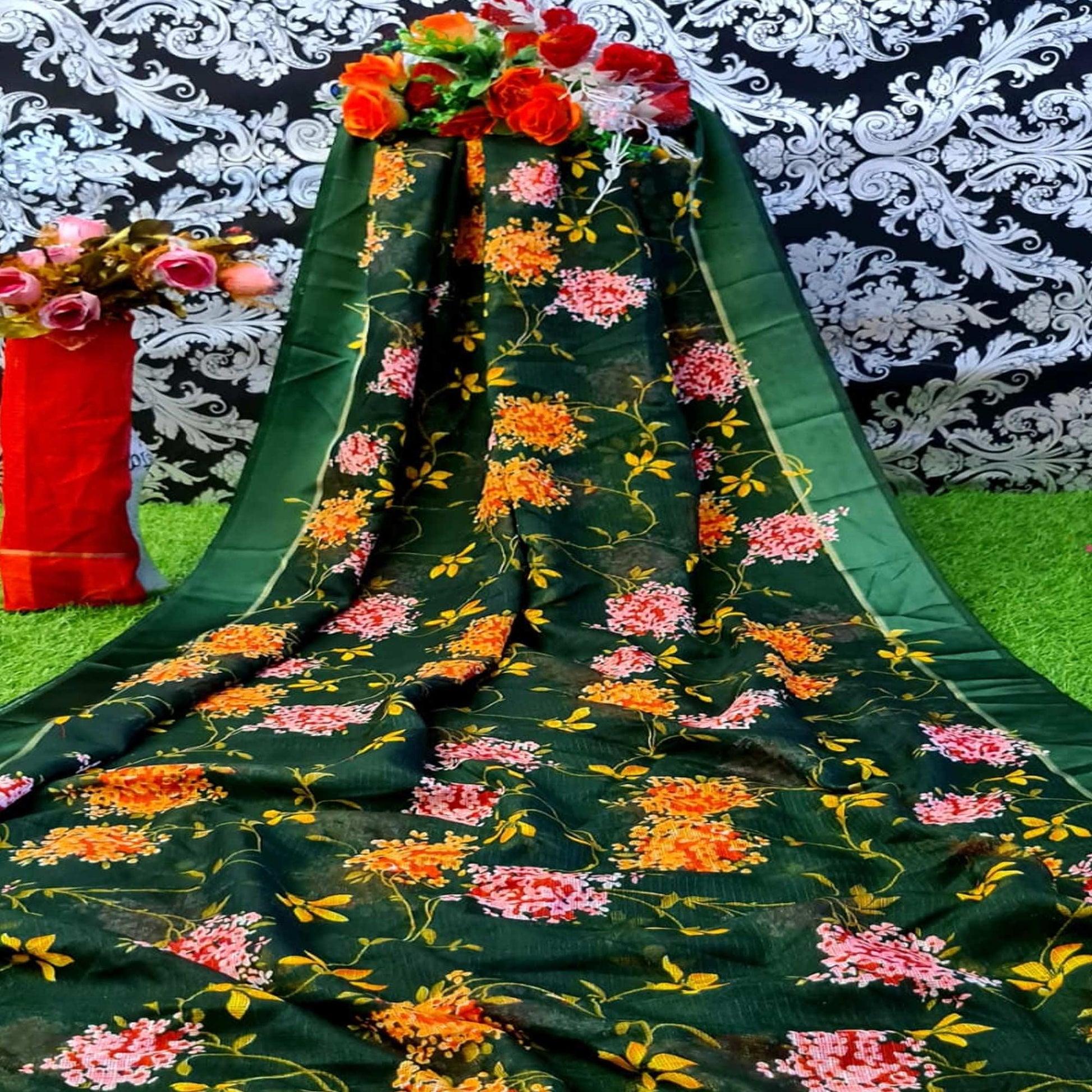 Mesmeric Green Colored Festive Wear Woven Linen Cotton Saree