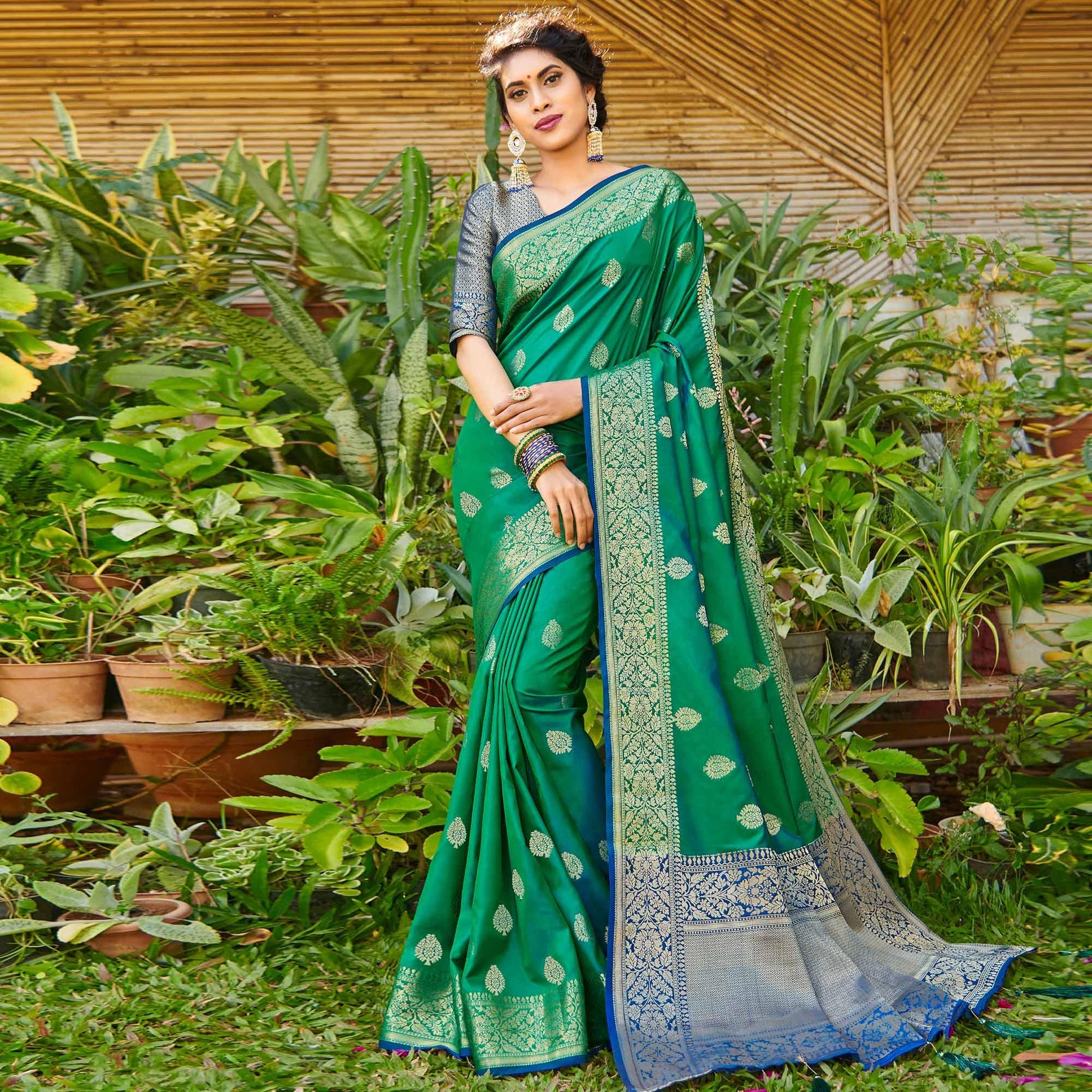 Mesmeric Green Colored Festive Wear Woven Silk Saree