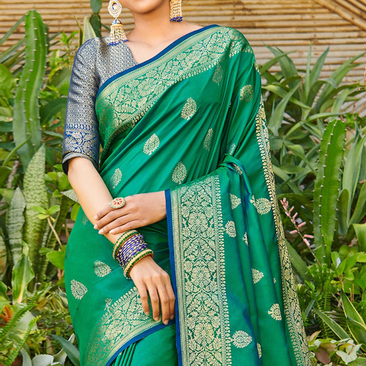 Mesmeric Green Colored Festive Wear Woven Silk Saree