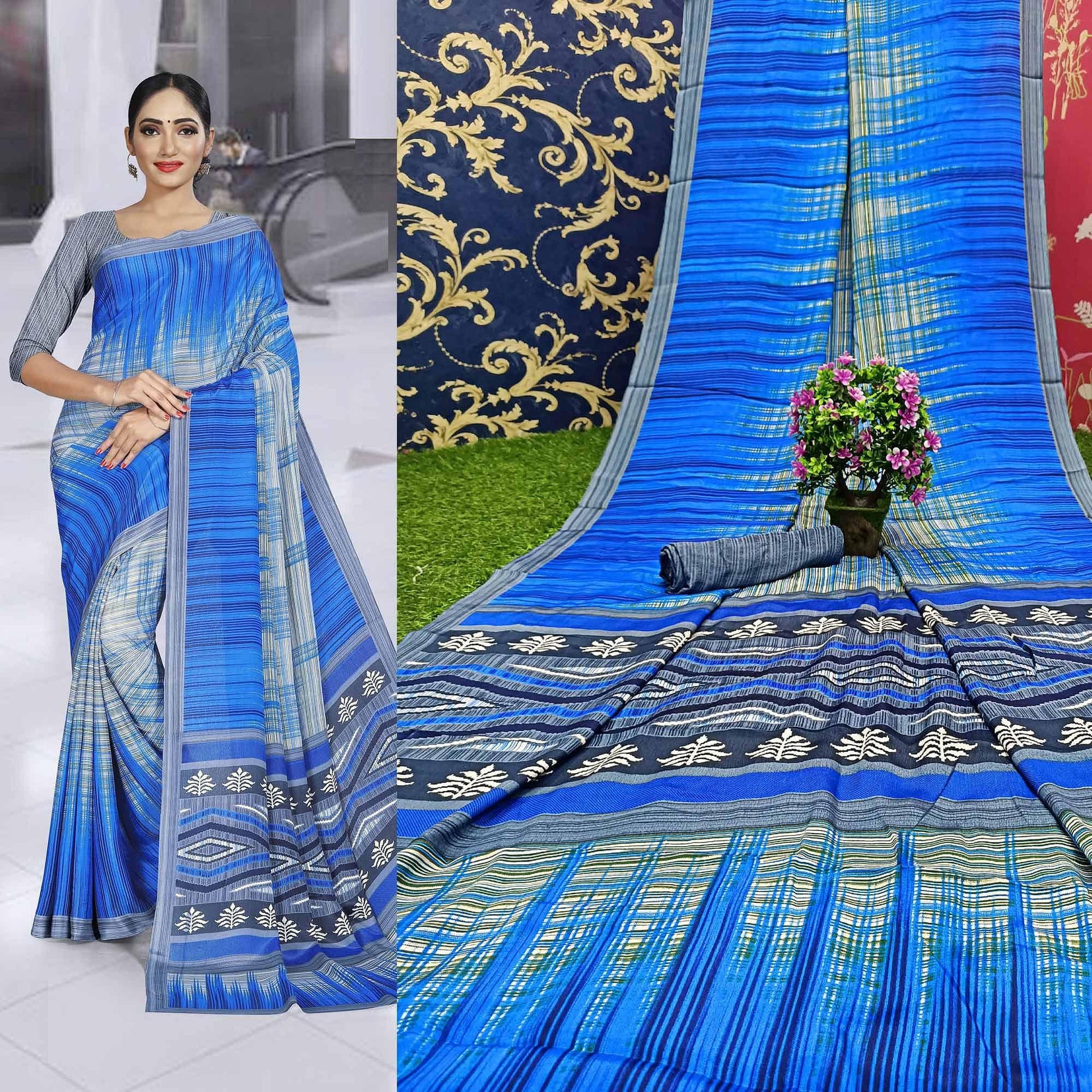 Mesmeric Grey - Blue Colored Casual Wear Printed Crepe Saree
