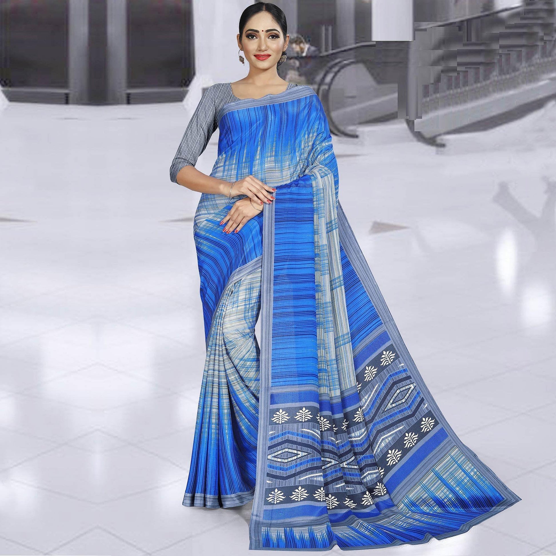 Mesmeric Grey - Blue Colored Casual Wear Printed Crepe Saree