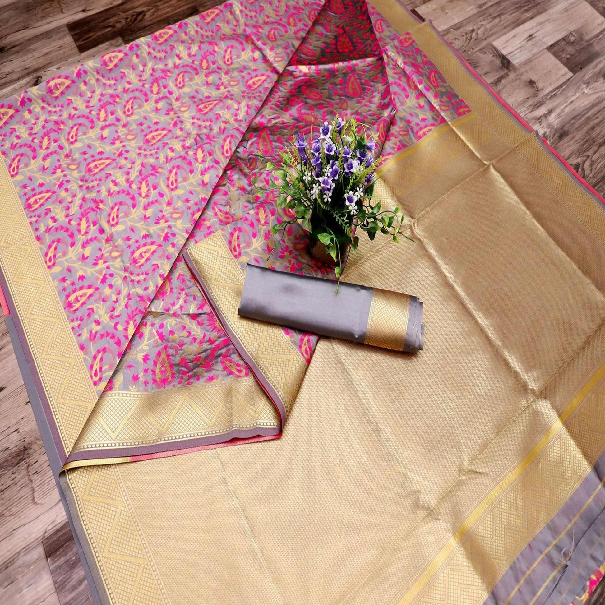 Mesmeric Grey Colored Festive Wear Printed Banarasi Silk Saree