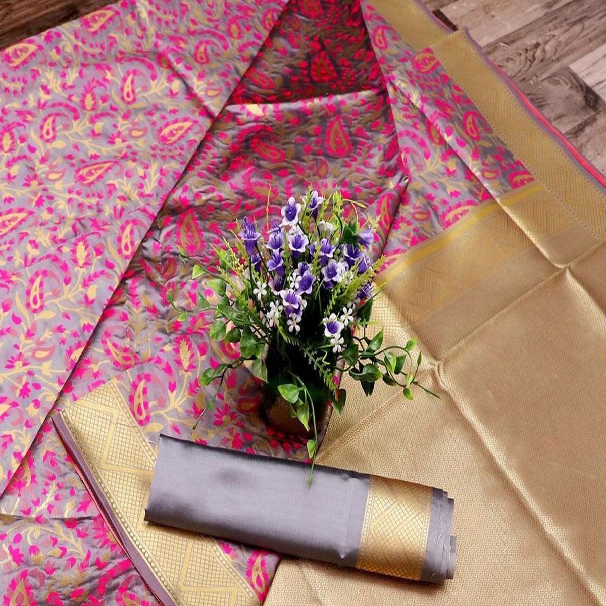Mesmeric Grey Colored Festive Wear Printed Banarasi Silk Saree