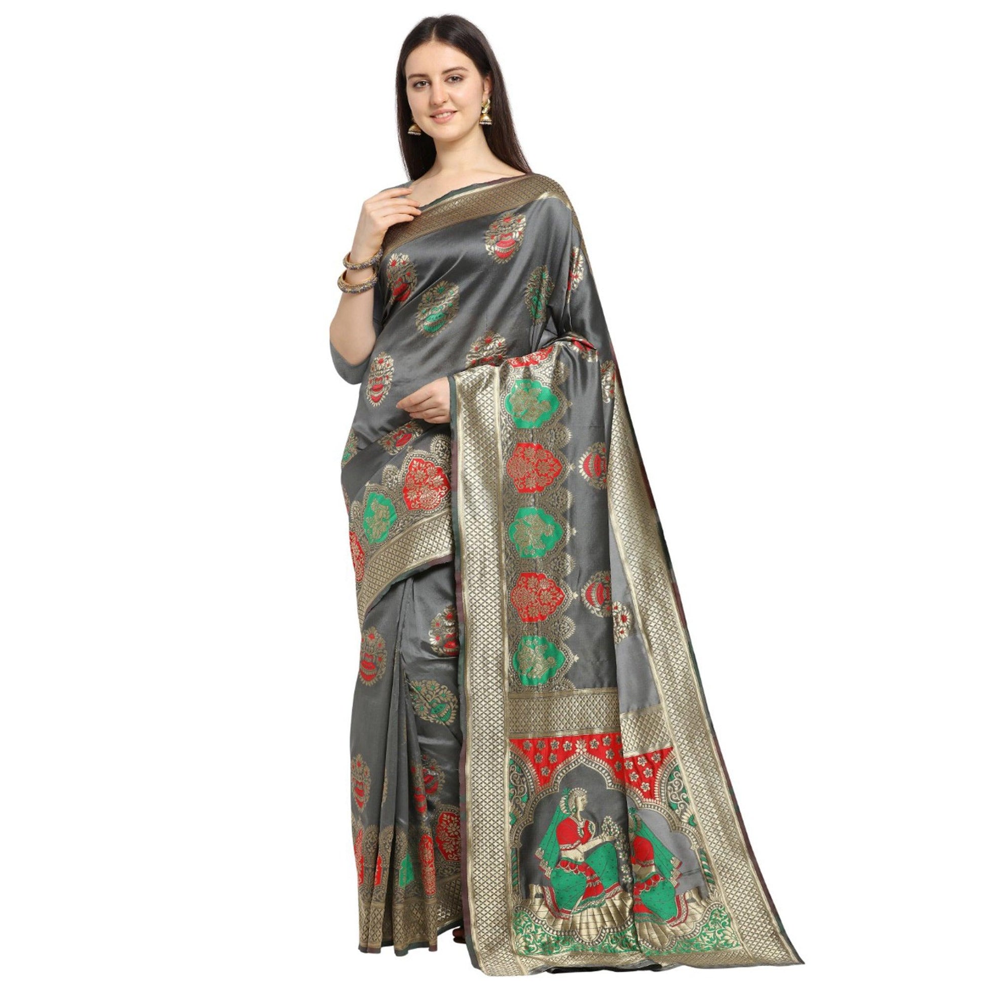 Mesmeric Grey Colored Festive Wear Woven Banarasi Silk Saree