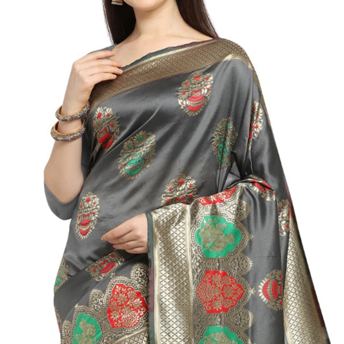 Mesmeric Grey Colored Festive Wear Woven Banarasi Silk Saree