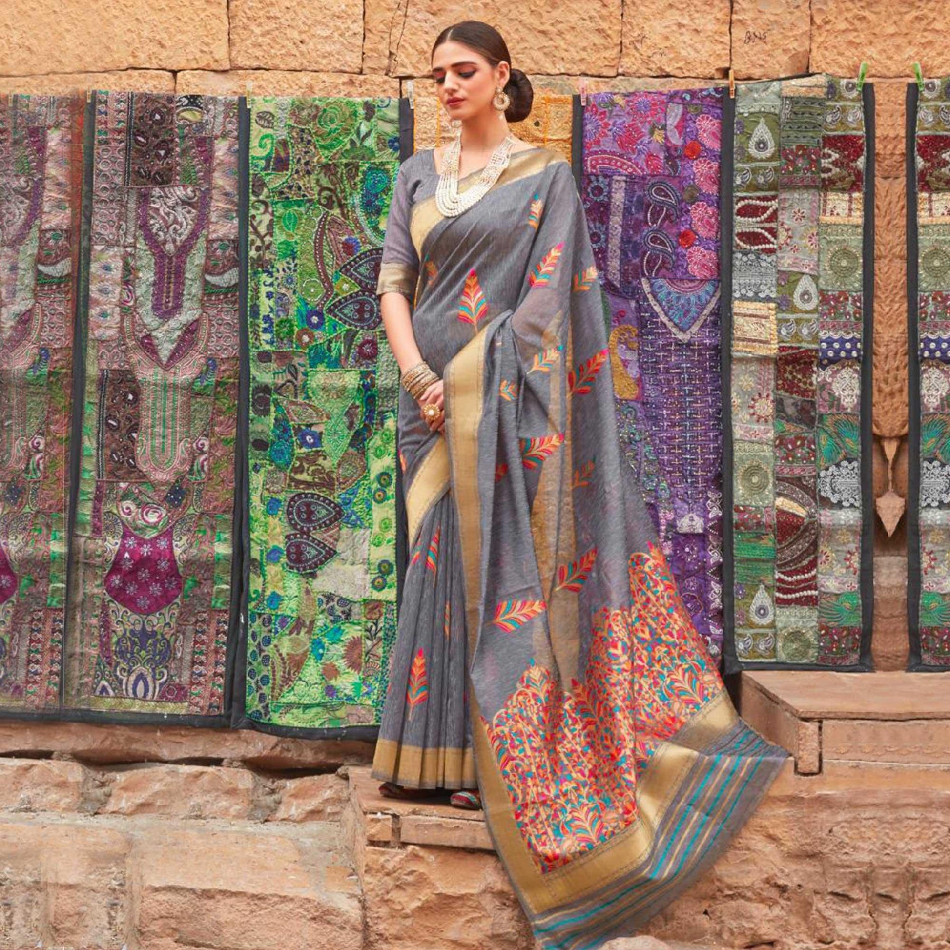 Mesmeric Grey Colored Partywear Printed Linen Saree