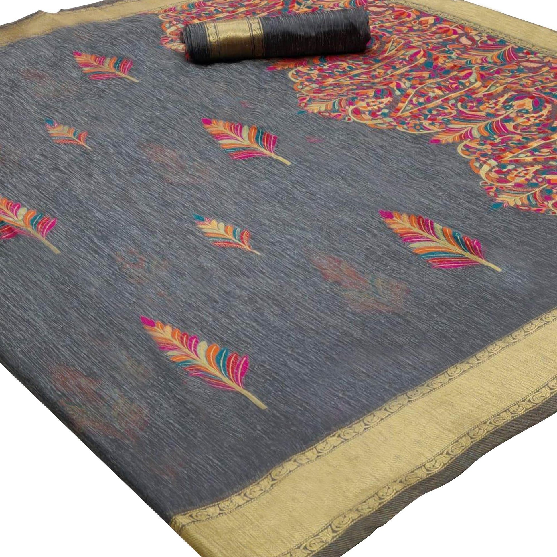 Mesmeric Grey Colored Partywear Printed Linen Saree
