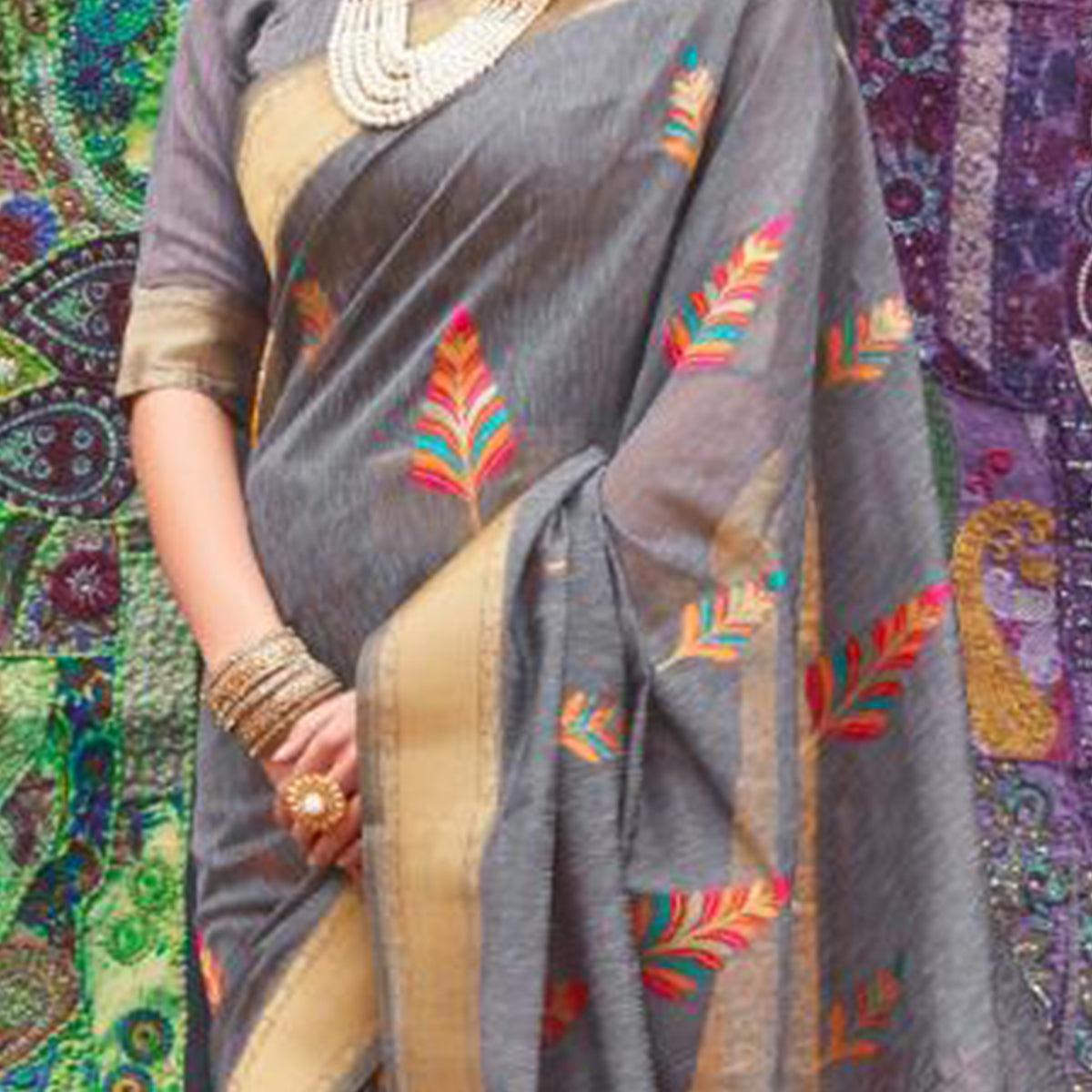 Mesmeric Grey Colored Partywear Printed Linen Saree