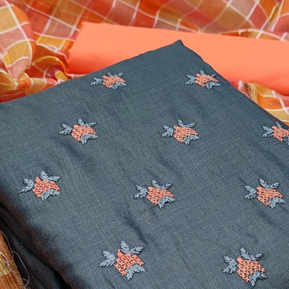 Mesmeric Grey - Peach Colored Casual Wear Embroidered Cotton Dress Material