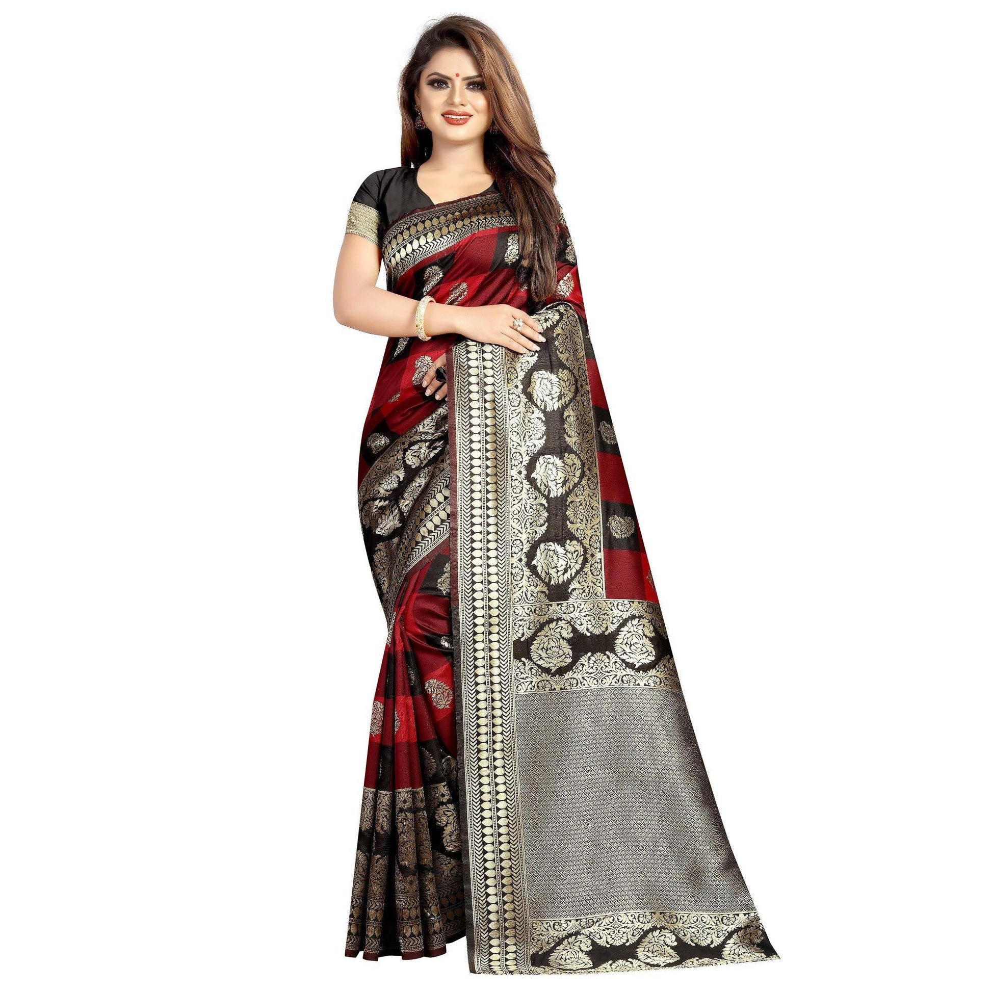 Mesmeric Maroon-Black Colored Festive Wear Woven Art Silk With Jacquard Border Saree