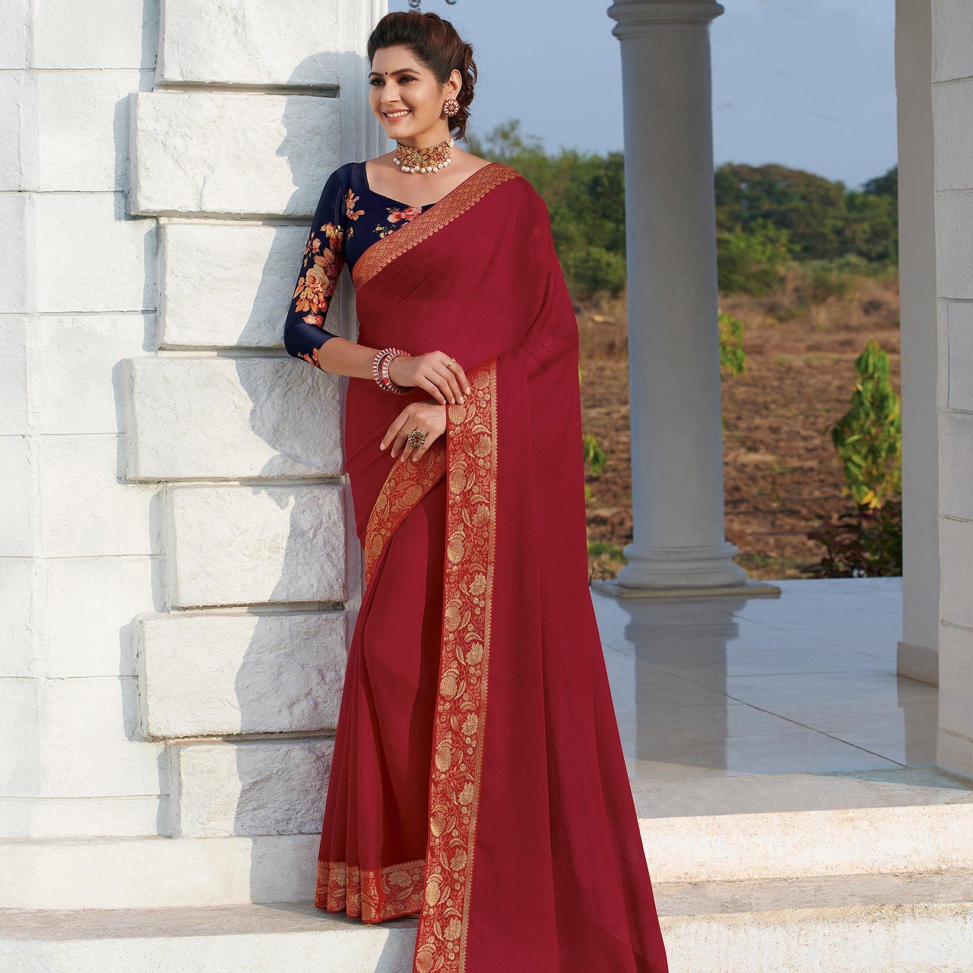 Mesmeric Maroon Colored Party Wear Embroidered Chiffon Saree