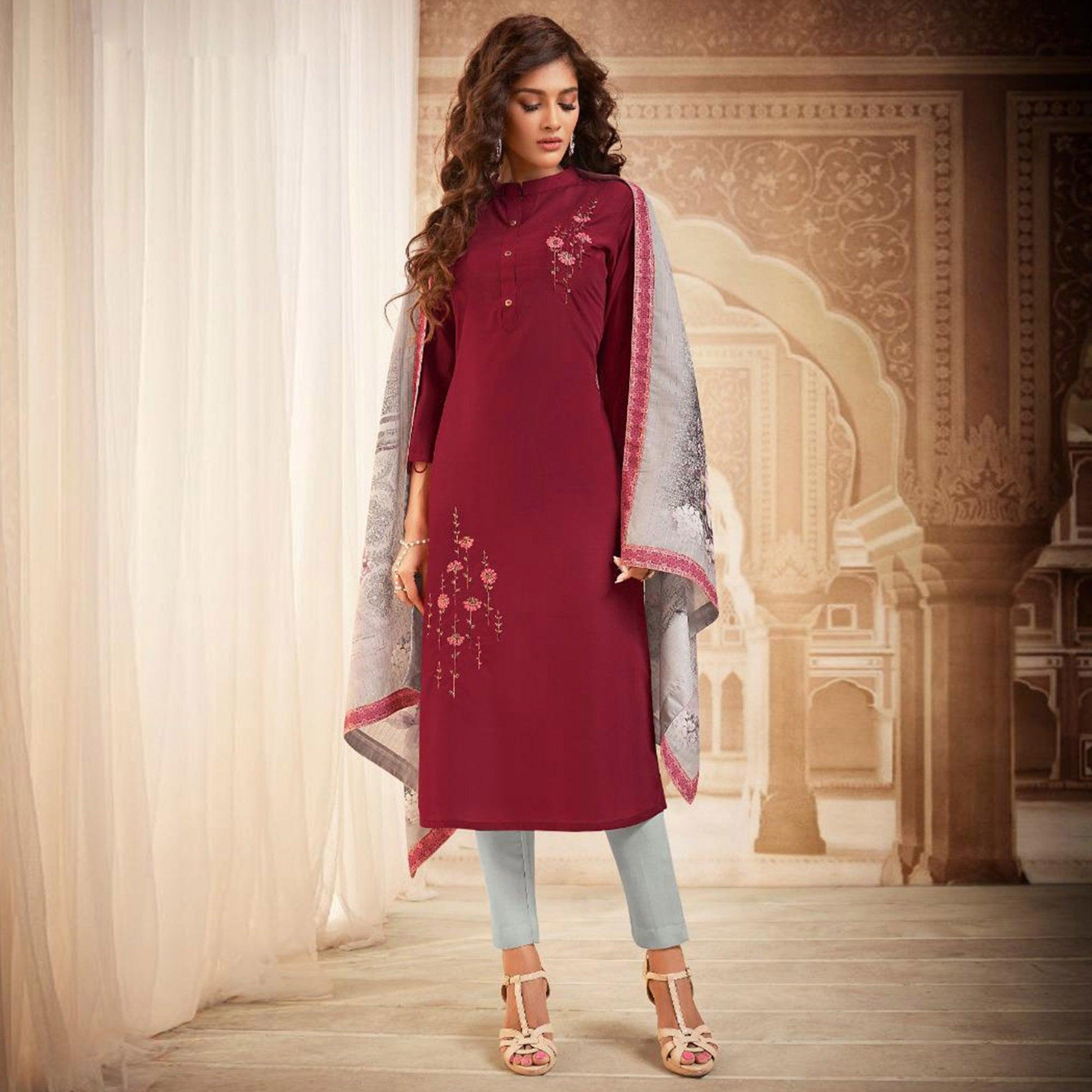 Mesmeric Maroon Colored Partywear Embroidered Heavy Muslin Salwar Suit