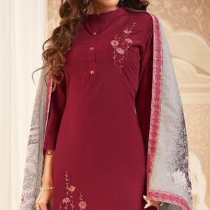 Mesmeric Maroon Colored Partywear Embroidered Heavy Muslin Salwar Suit