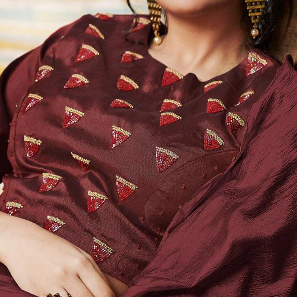 Mesmeric Maroon Colored Partywear Embroidery Banarasi Silk Lehenga Choli