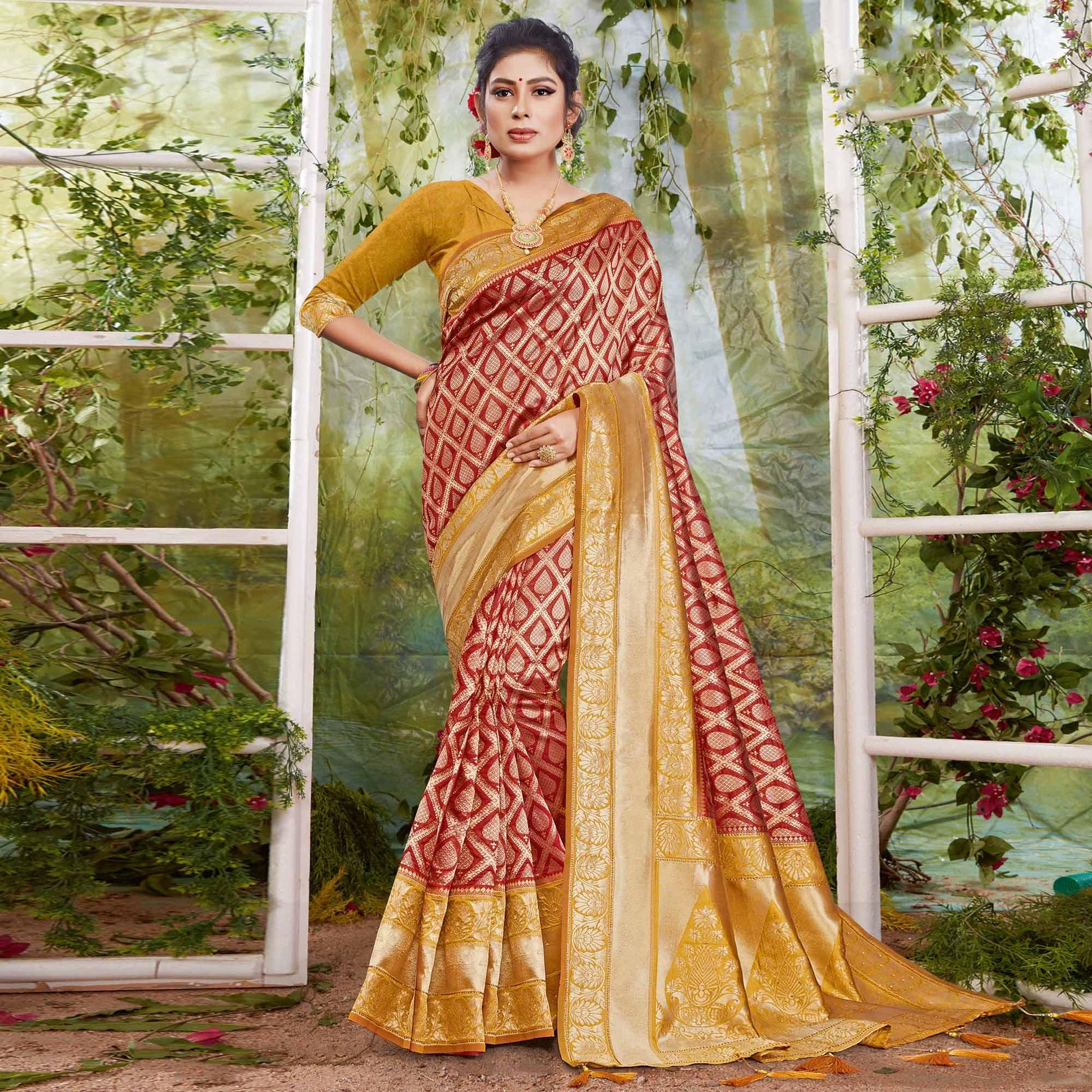 Mesmeric Maroon Coloured Festive wear Woven Silk Saree