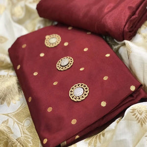 Mesmeric Maroon Woven Satin Dress Material With Banarasi Silk Dupatta