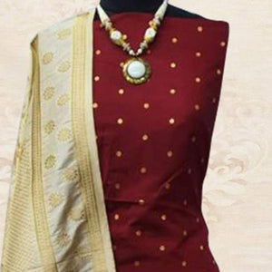 Mesmeric Maroon Woven Satin Dress Material With Banarasi Silk Dupatta
