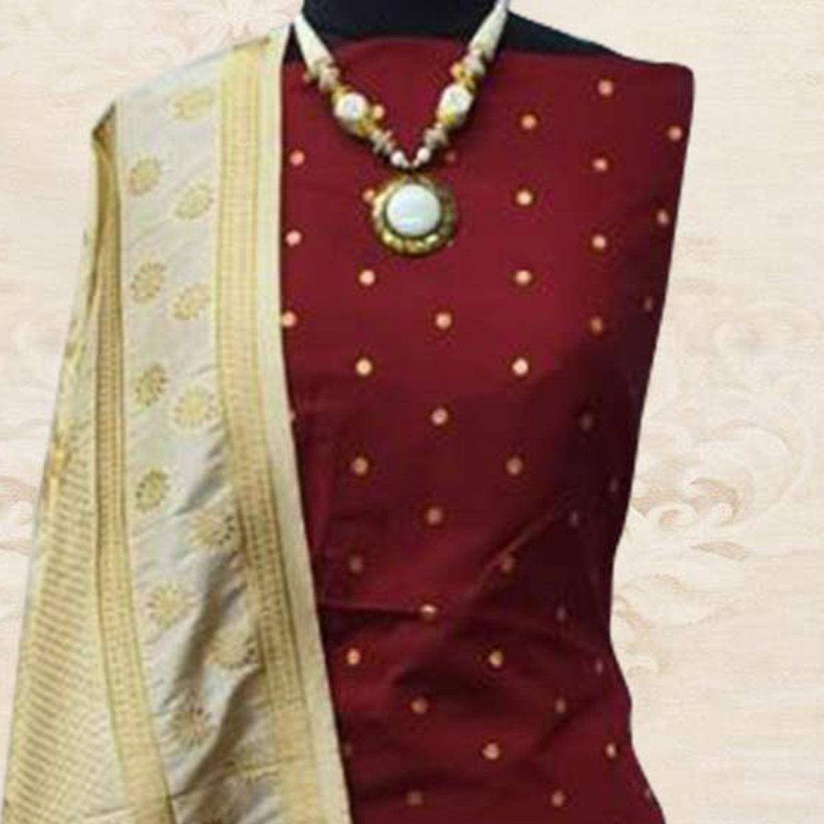 Mesmeric Maroon Woven Satin Dress Material With Banarasi Silk Dupatta