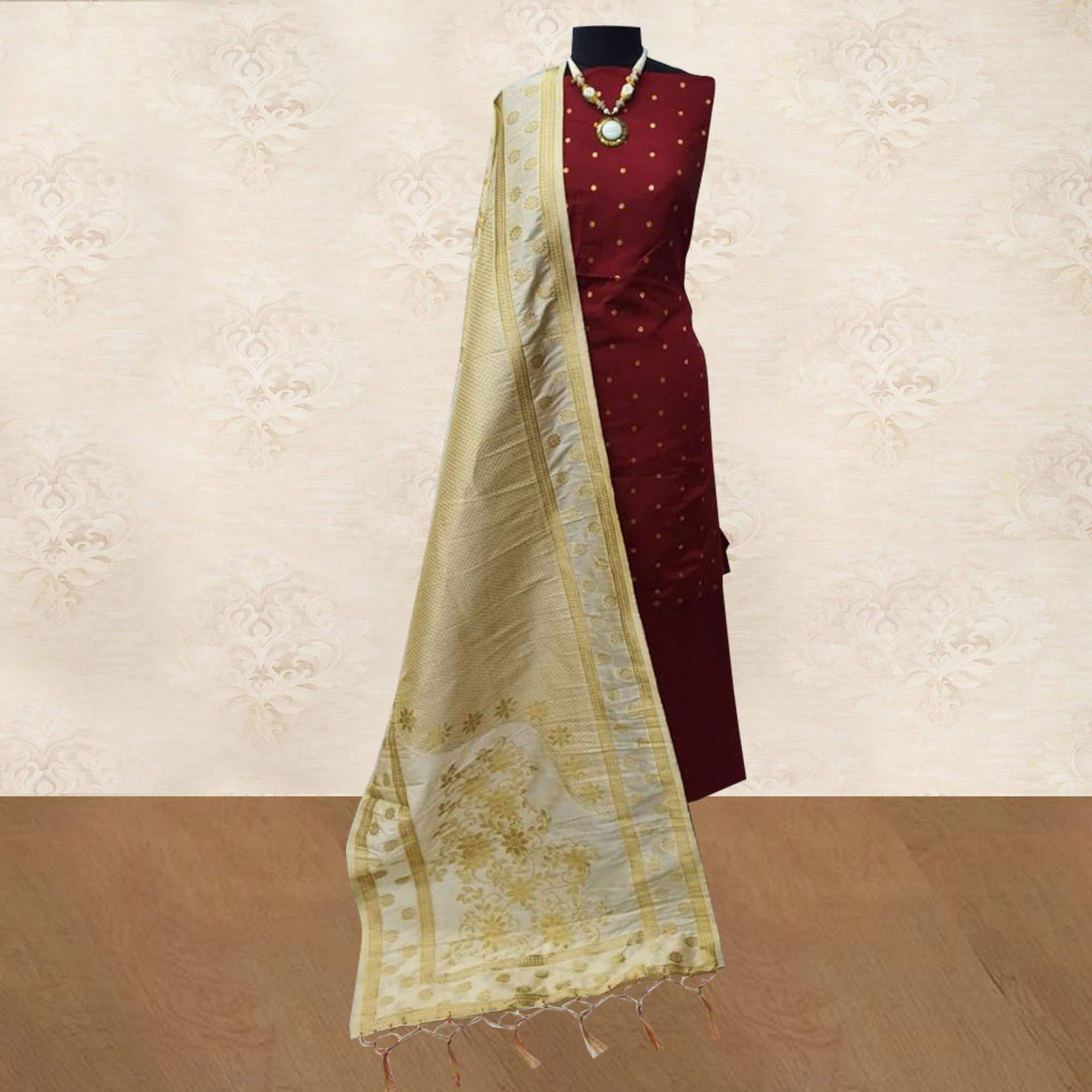 Mesmeric Maroon Woven Satin Dress Material With Banarasi Silk Dupatta