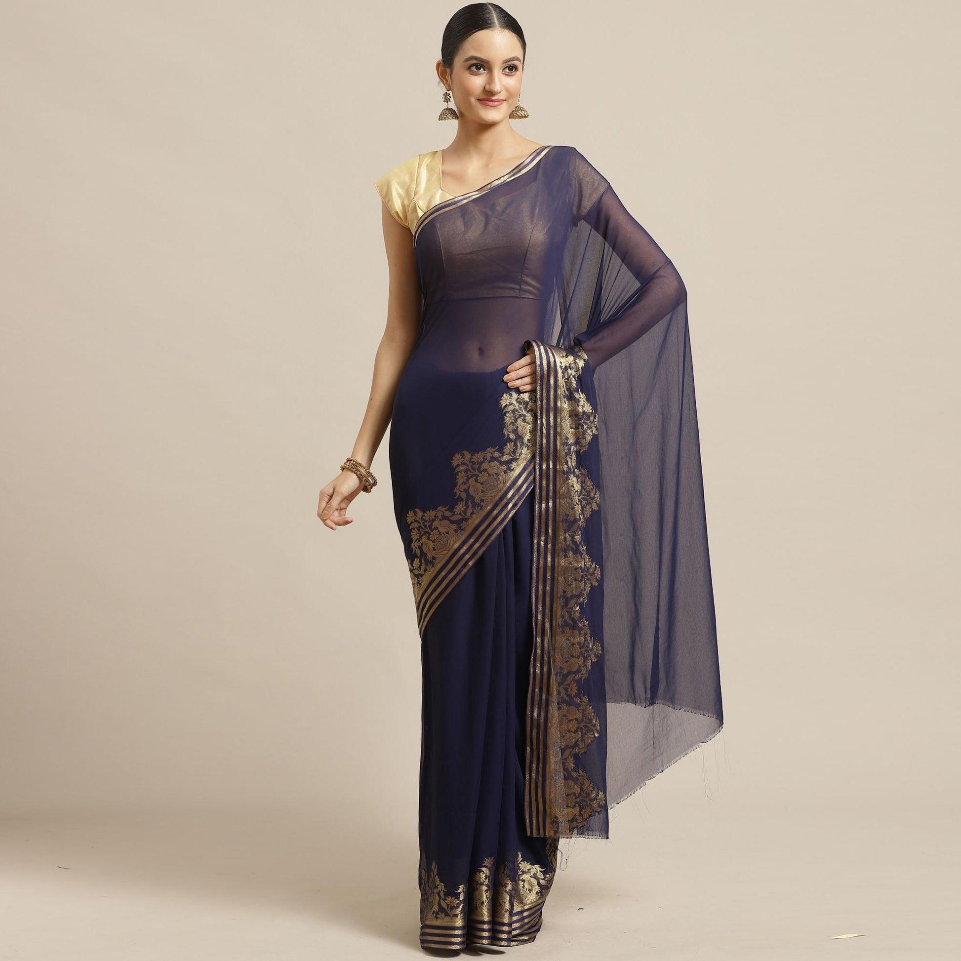 Mesmeric Navy Blue Colored Festive Wear Woven Chiffon Saree