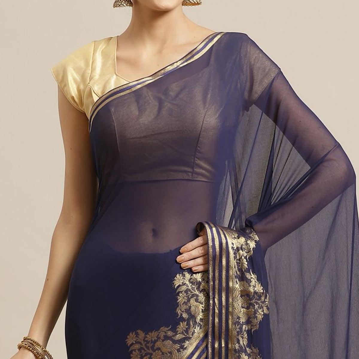 Mesmeric Navy Blue Colored Festive Wear Woven Chiffon Saree