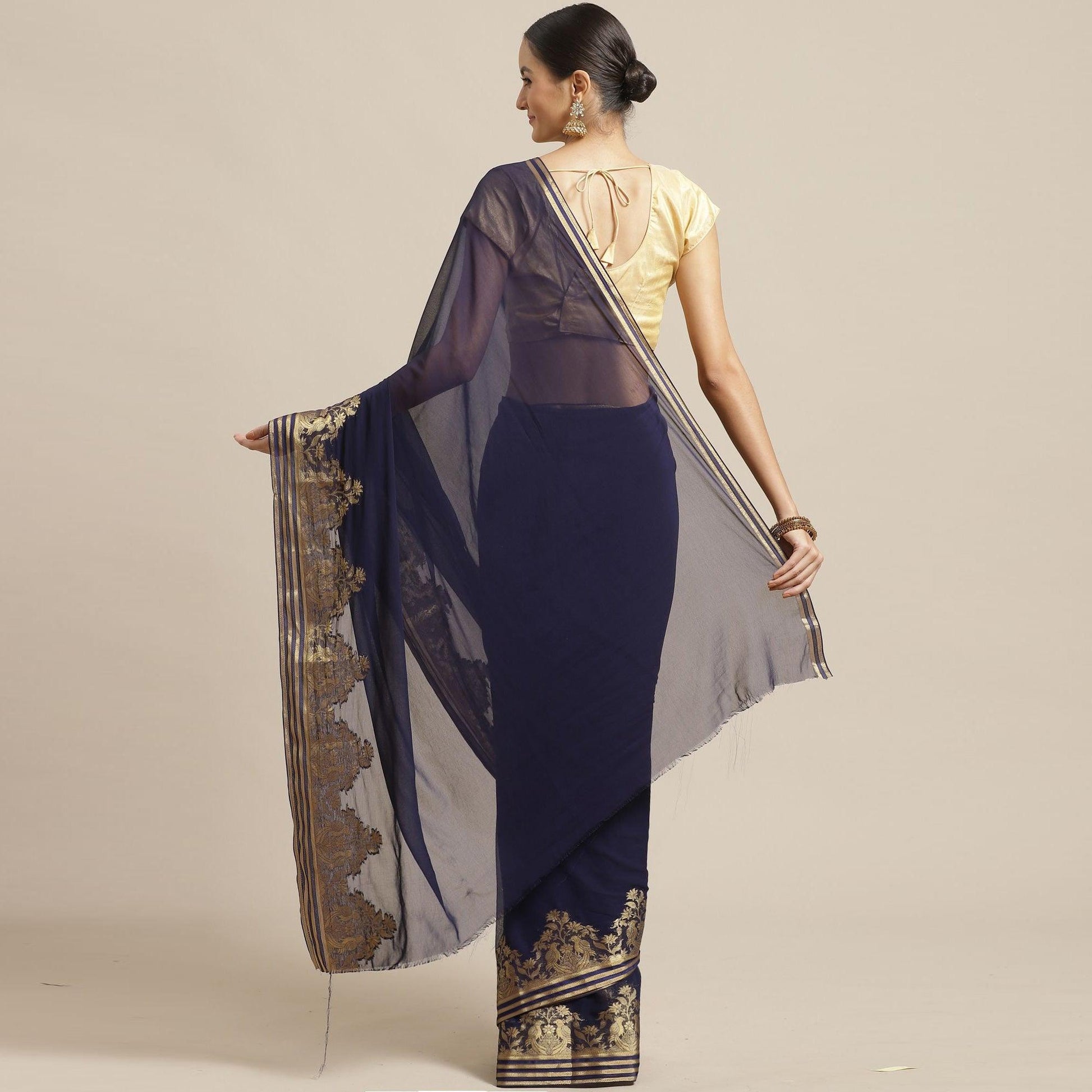 Mesmeric Navy Blue Colored Festive Wear Woven Chiffon Saree