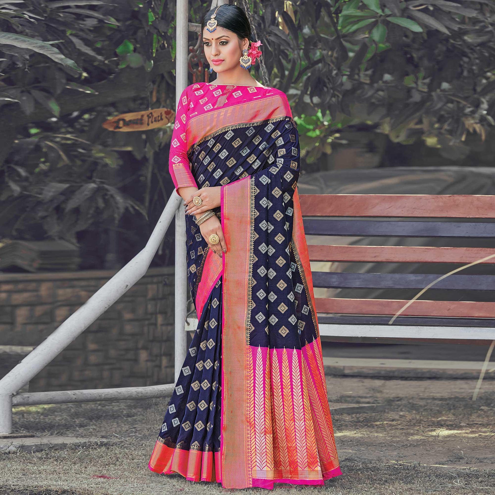 Mesmeric Navy Blue Colored Festive Wear Woven Silk Saree