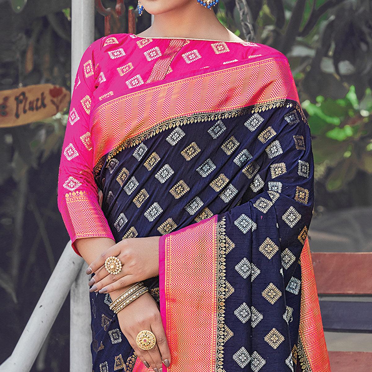 Mesmeric Navy Blue Colored Festive Wear Woven Silk Saree