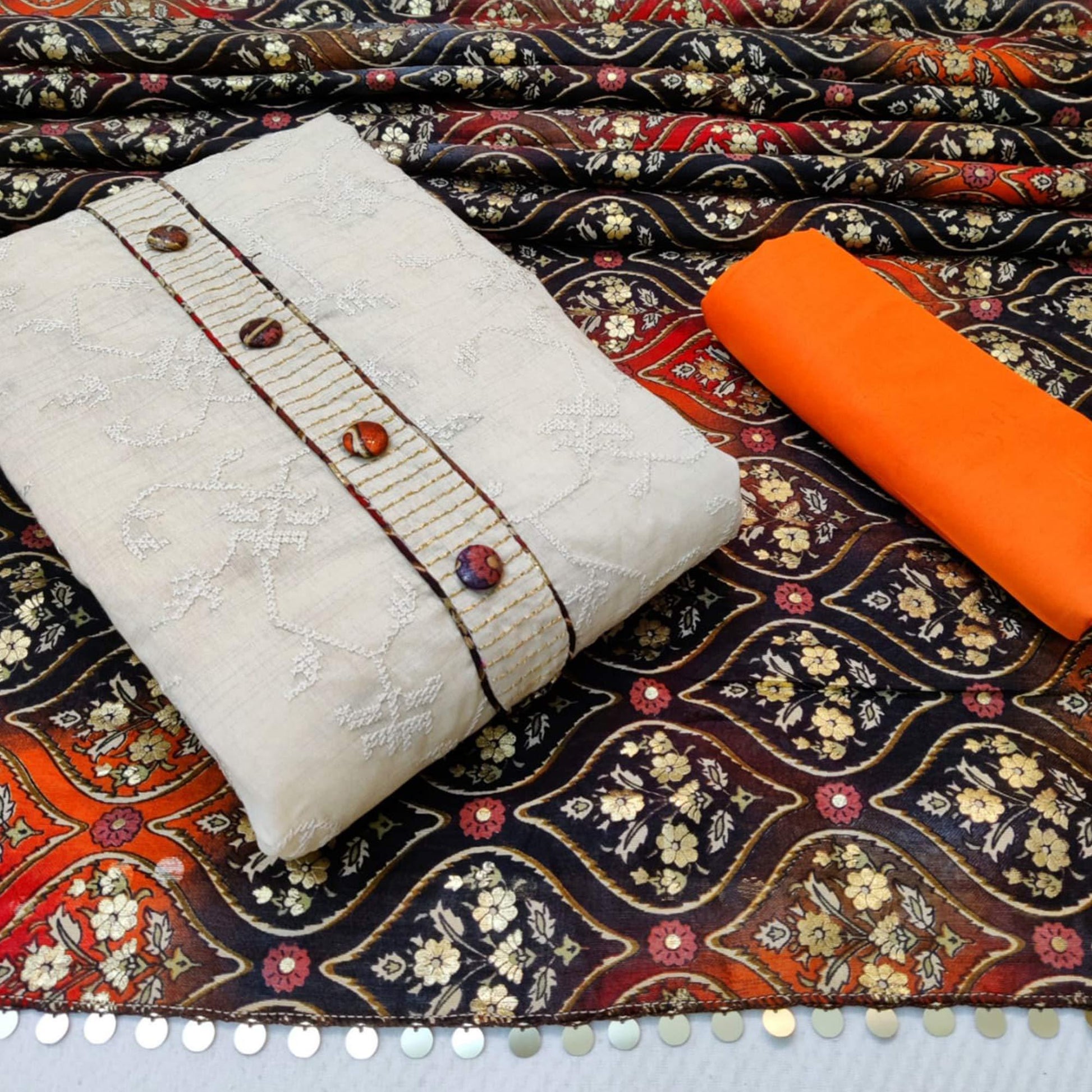 Mesmeric Offwhite - Orange Colored Casual Wear Embroidered Cotton Dress Material