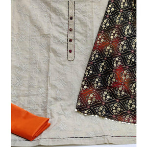 Mesmeric Offwhite - Orange Colored Casual Wear Embroidered Cotton Dress Material