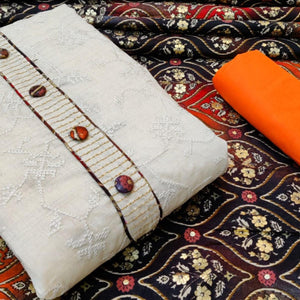 Mesmeric Offwhite - Orange Colored Casual Wear Embroidered Cotton Dress Material