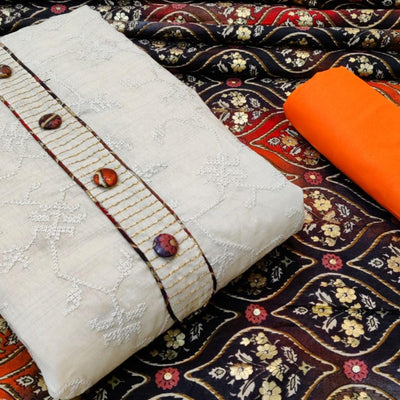Mesmeric Offwhite - Orange Colored Casual Wear Embroidered Cotton Dress Material