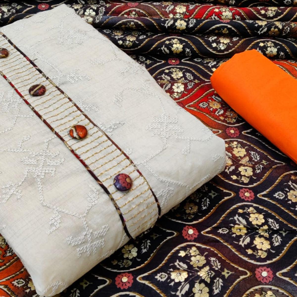 Mesmeric Offwhite - Orange Colored Casual Wear Embroidered Cotton Dress Material