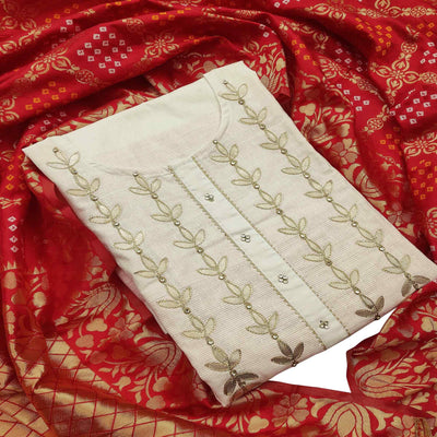 Mesmeric Offwhite - Red Colored Casual Embroidered Cotton Dress Material