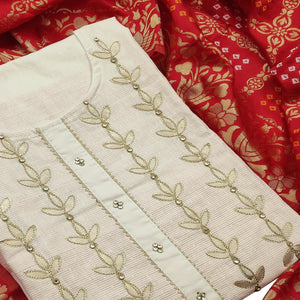 Mesmeric Offwhite - Red Colored Casual Embroidered Cotton Dress Material