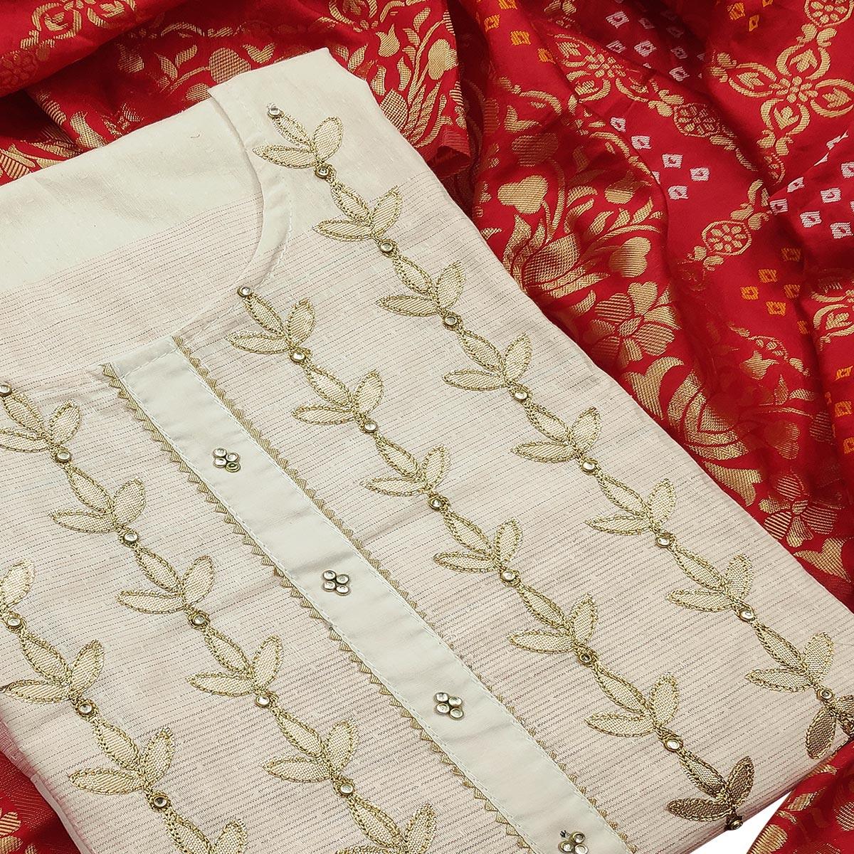 Mesmeric Offwhite - Red Colored Casual Embroidered Cotton Dress Material