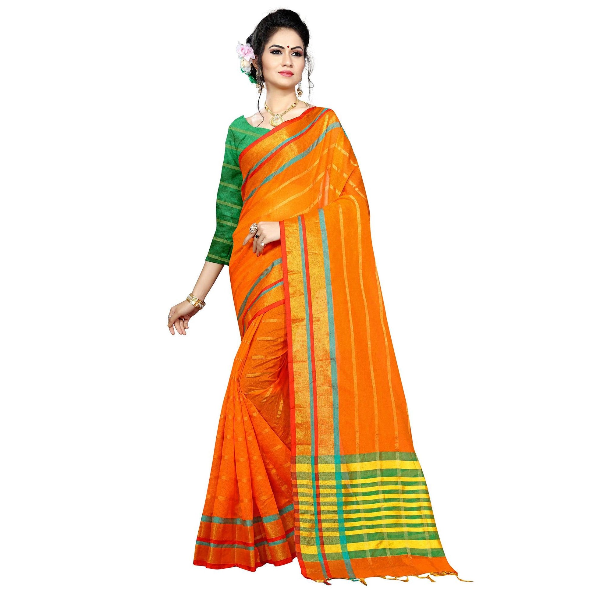 Mesmeric Orange Colored Festive Wear Woven Poly Silk Saree