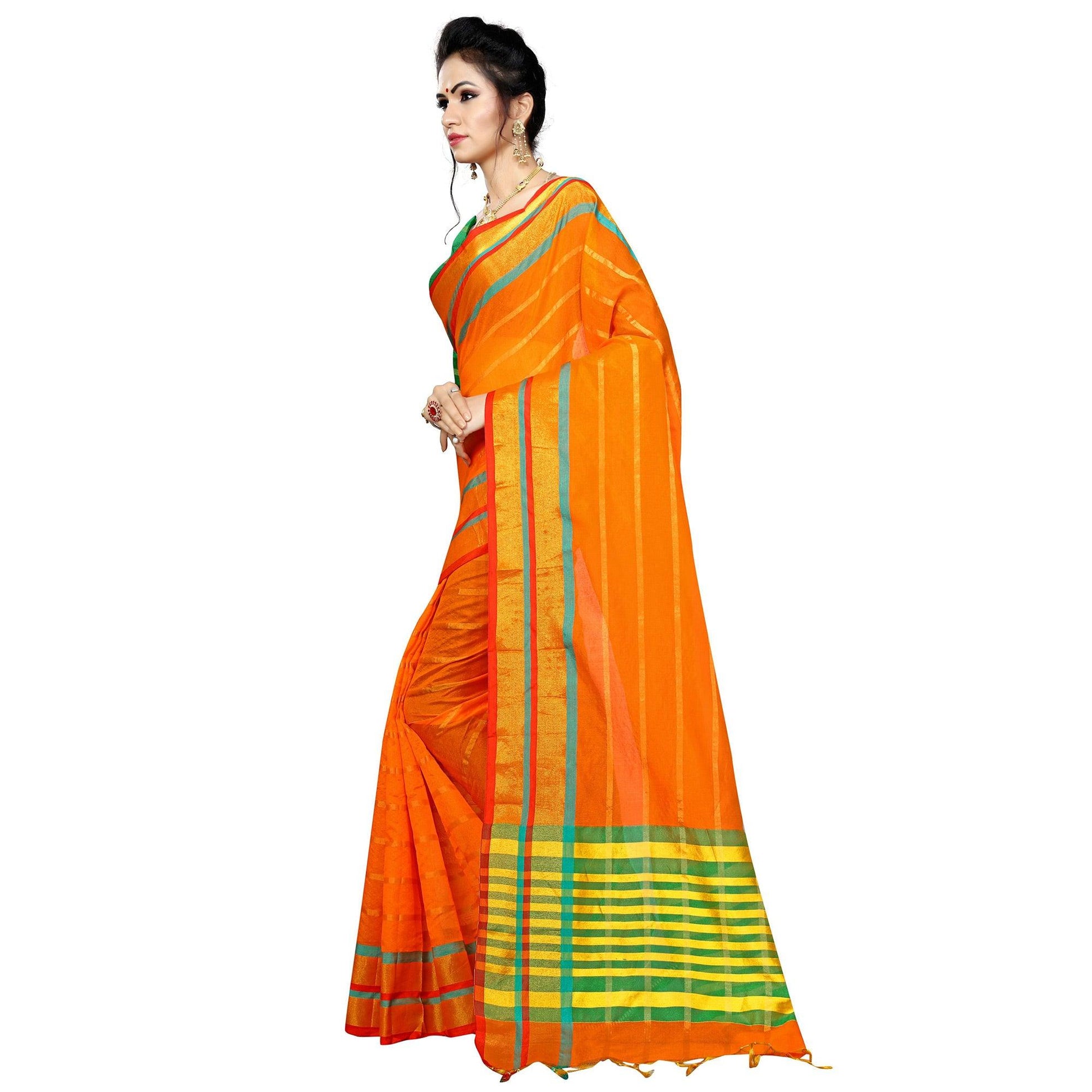 Mesmeric Orange Colored Festive Wear Woven Poly Silk Saree