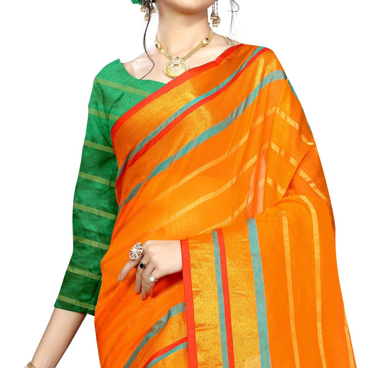 Mesmeric Orange Colored Festive Wear Woven Poly Silk Saree