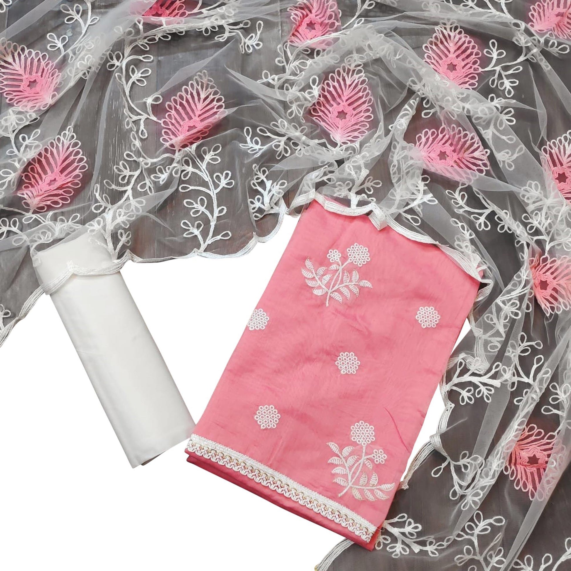 Mesmeric Pastel Pink Colored Casual Embroidered Chanderi Dress Material
