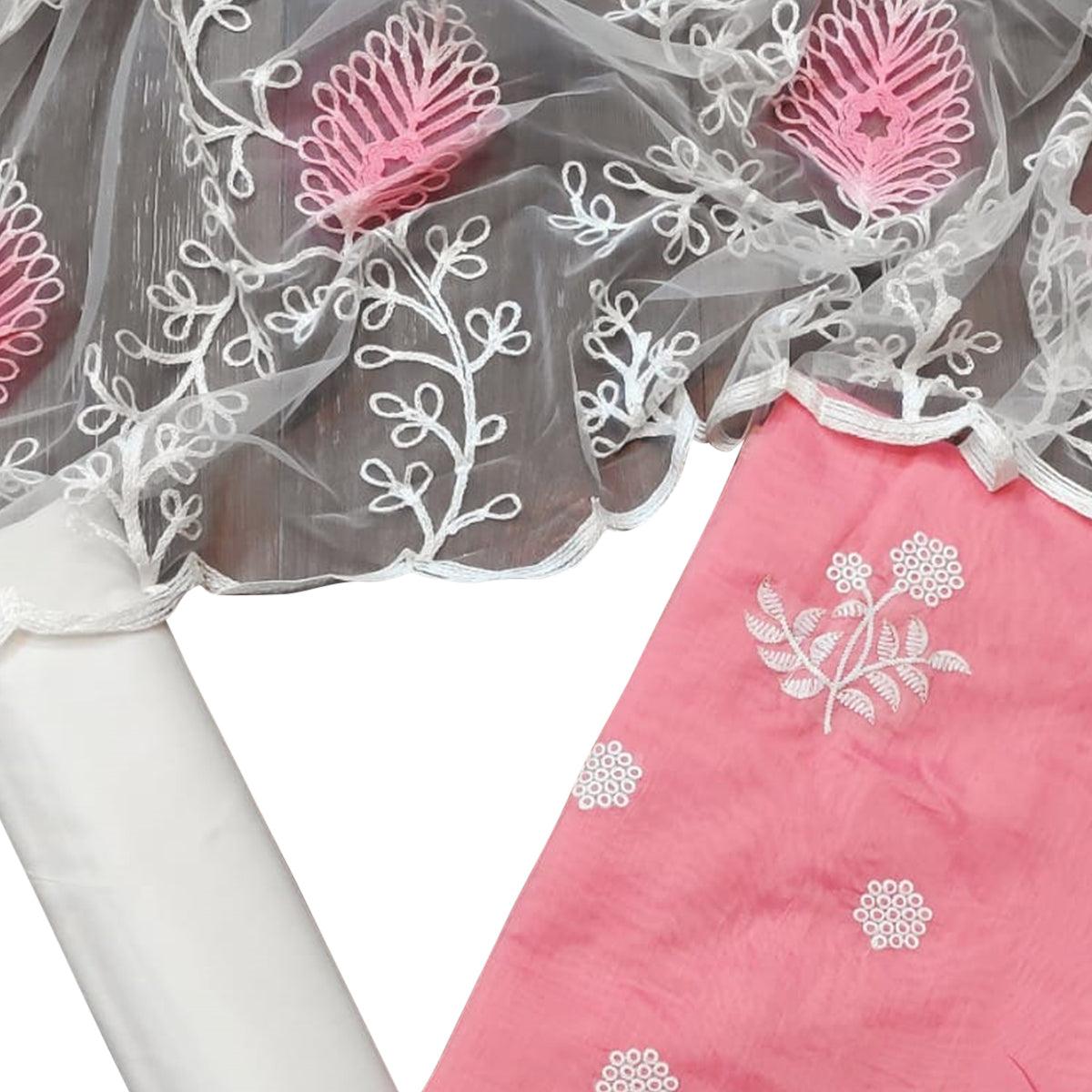 Mesmeric Pastel Pink Colored Casual Embroidered Chanderi Dress Material