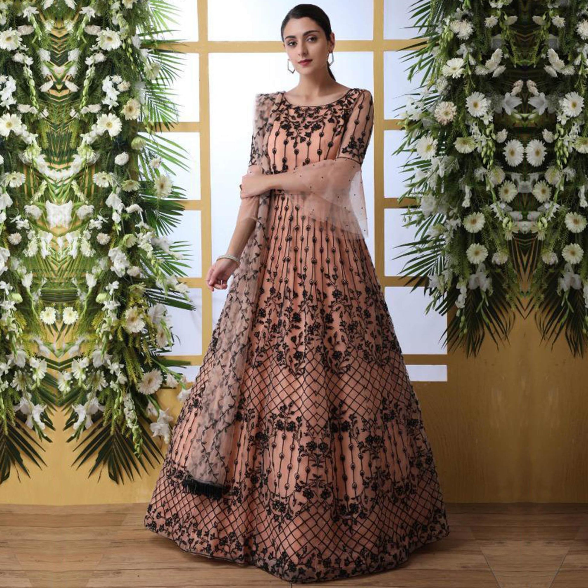 Mesmeric Peach Colored Party Wear Embroidered Net Gown With Dupatta