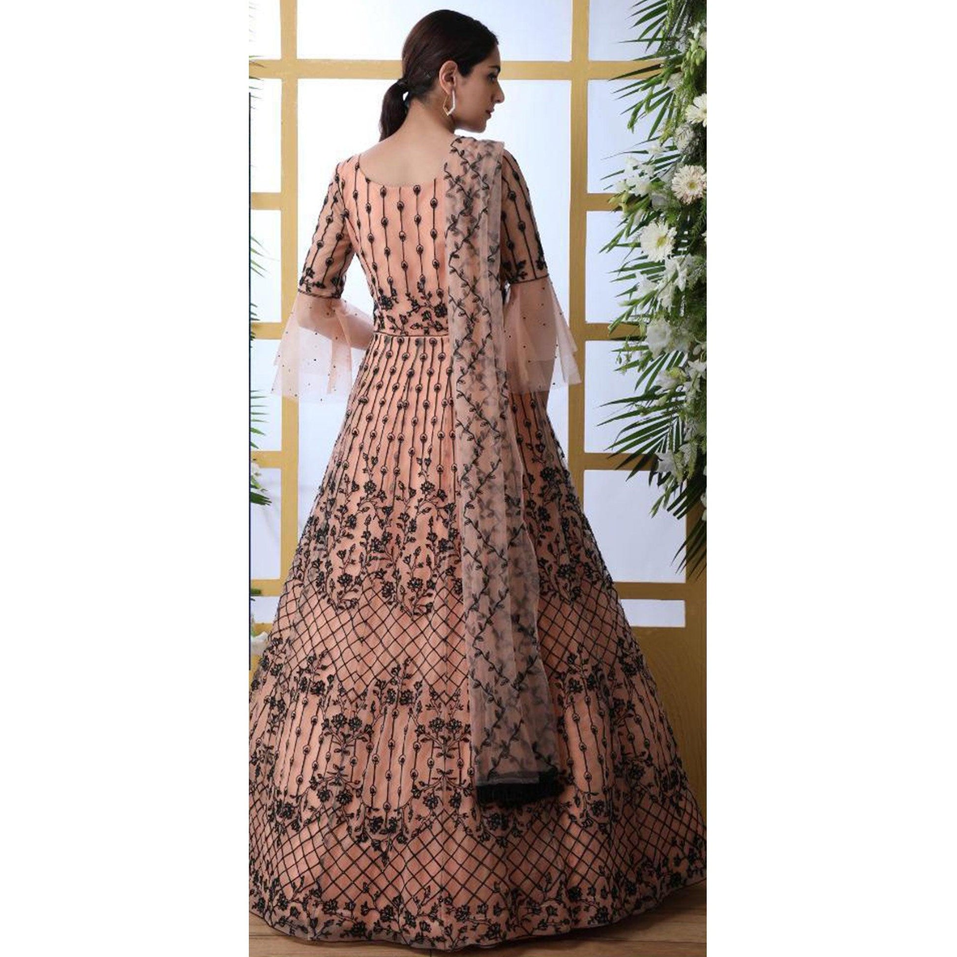 Mesmeric Peach Colored Party Wear Embroidered Net Gown With Dupatta
