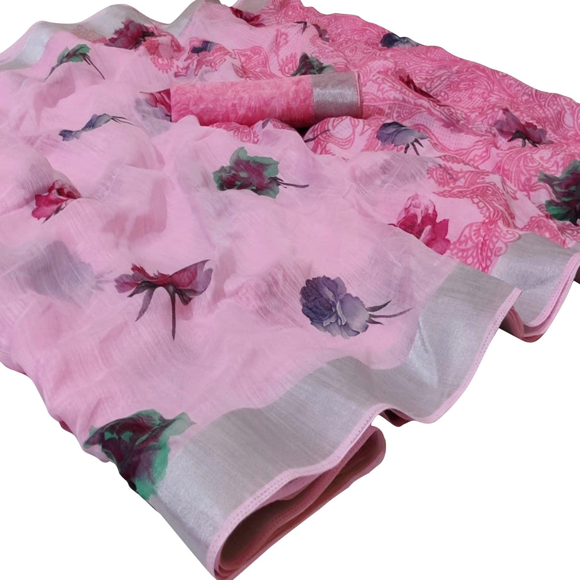 Mesmeric Pink Colored Casual Wear Printed Linen Saree