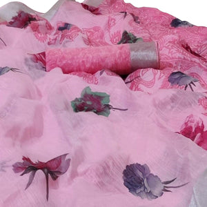 Mesmeric Pink Colored Casual Wear Printed Linen Saree