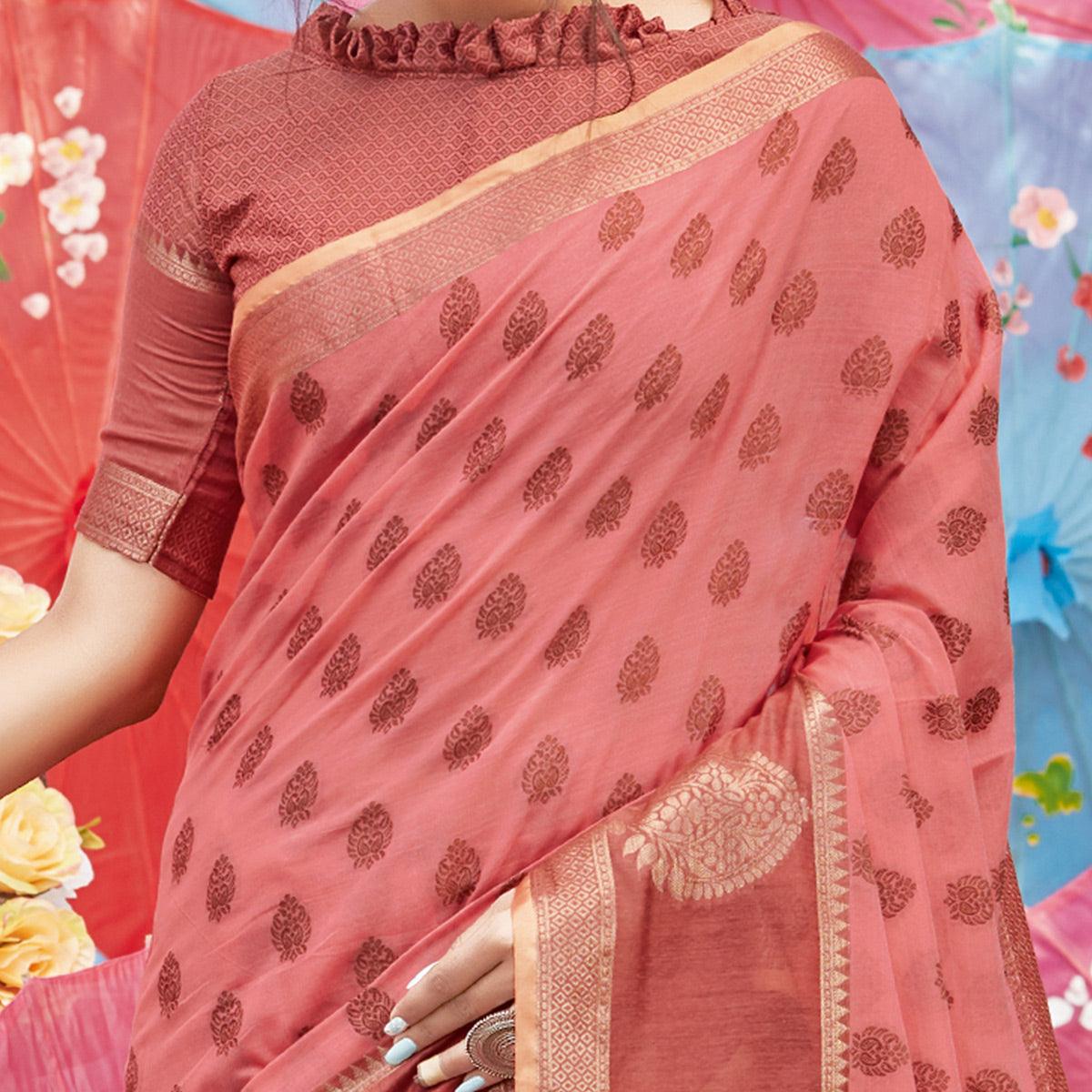 Mesmeric Pink Coloured Festive Wear Woven Cotton Handloom Saree